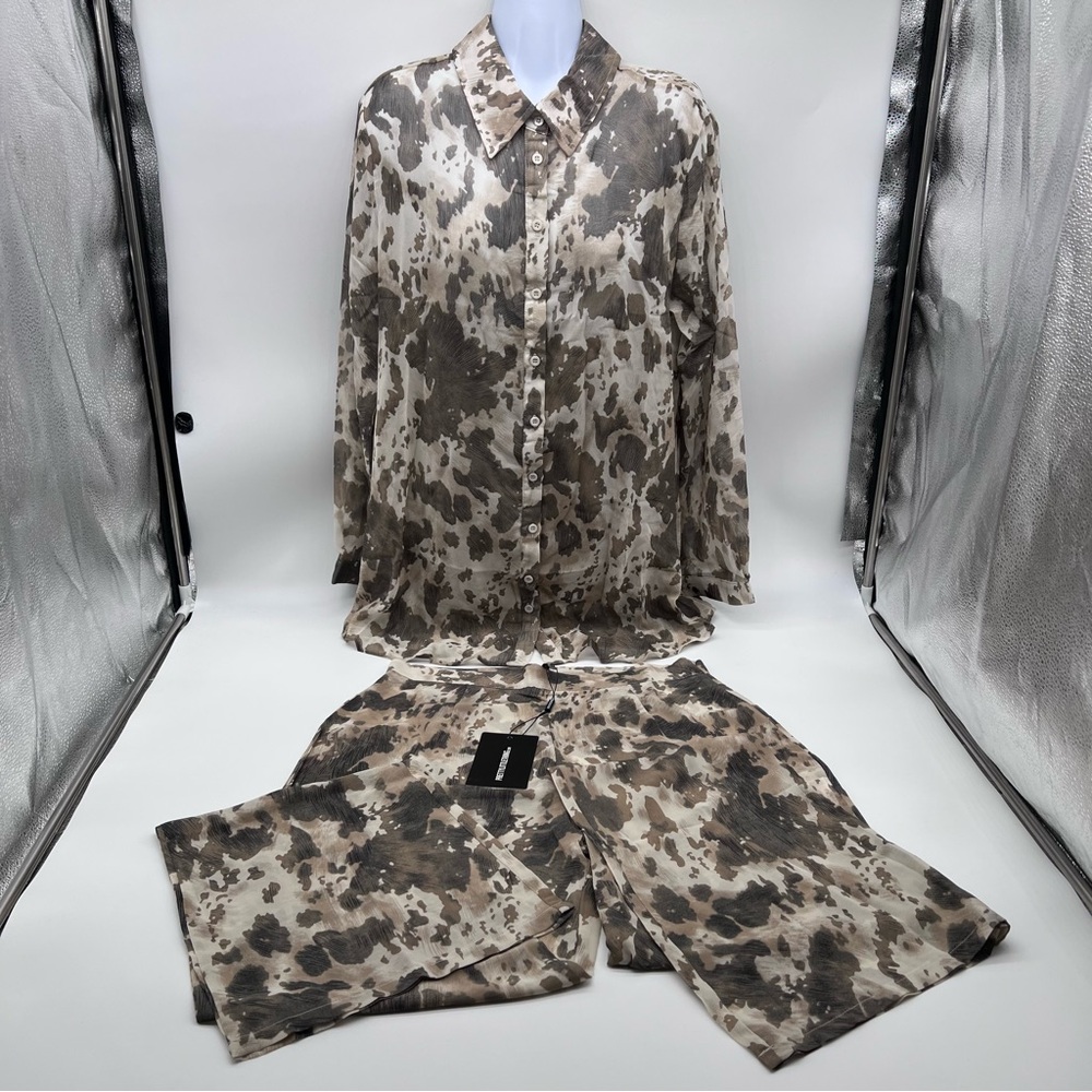 PrettyLittleThing Camouflage/Brown Cow Print Sheer Beach Shirt/Flare Pants Set